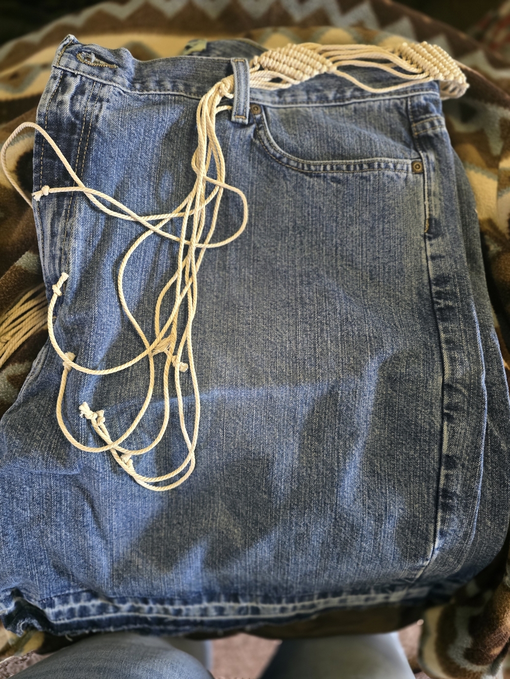Zena Blue Denim Jean Shorts with Cream Macramé Belt